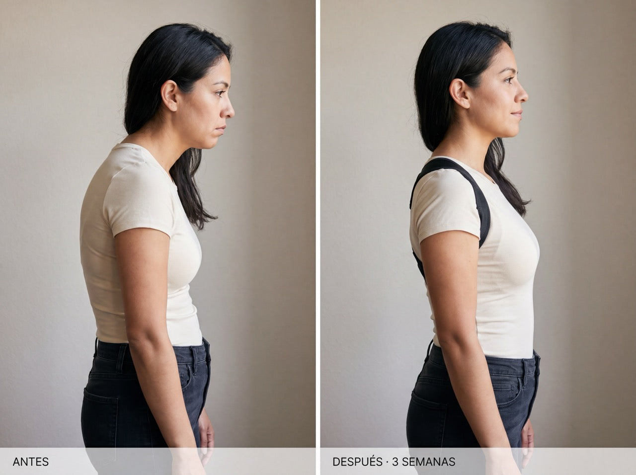 Comparación lado a lado — antes encorvada y cansada, después postura natural y relajada